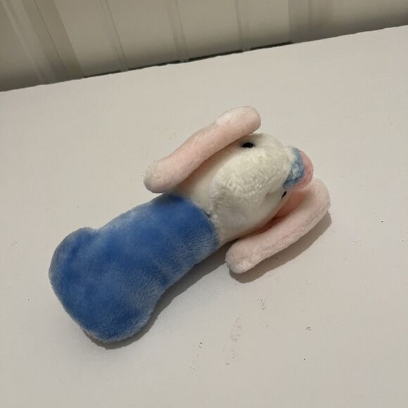 Elephant Rattle Plush Handle 7" Stuffed Vintage Blue White Eden Toys - Picture 3 of 9